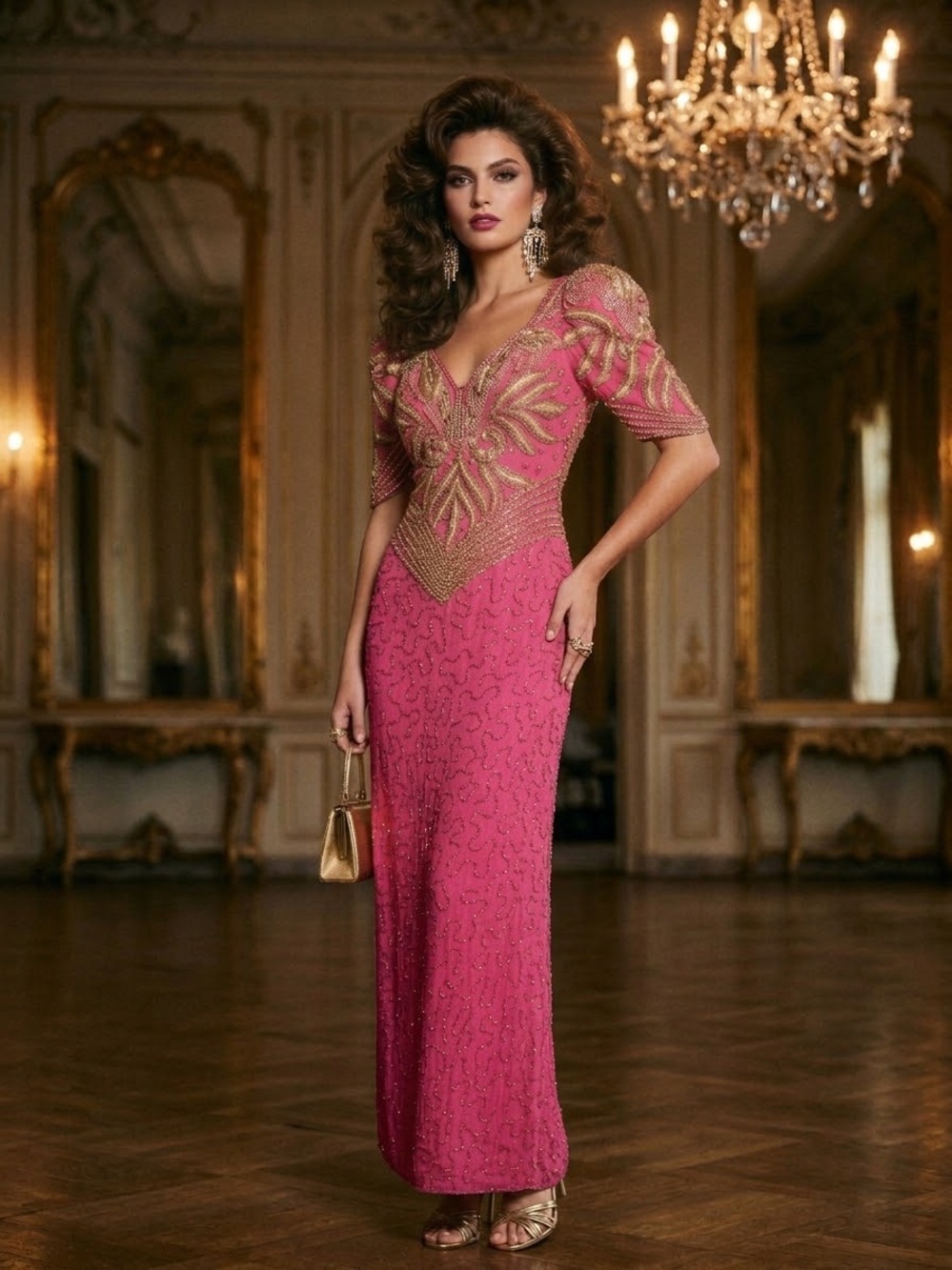 Landa Vintage Elegant Silk Pink Beaded Evening Gown with Gold Embellishment